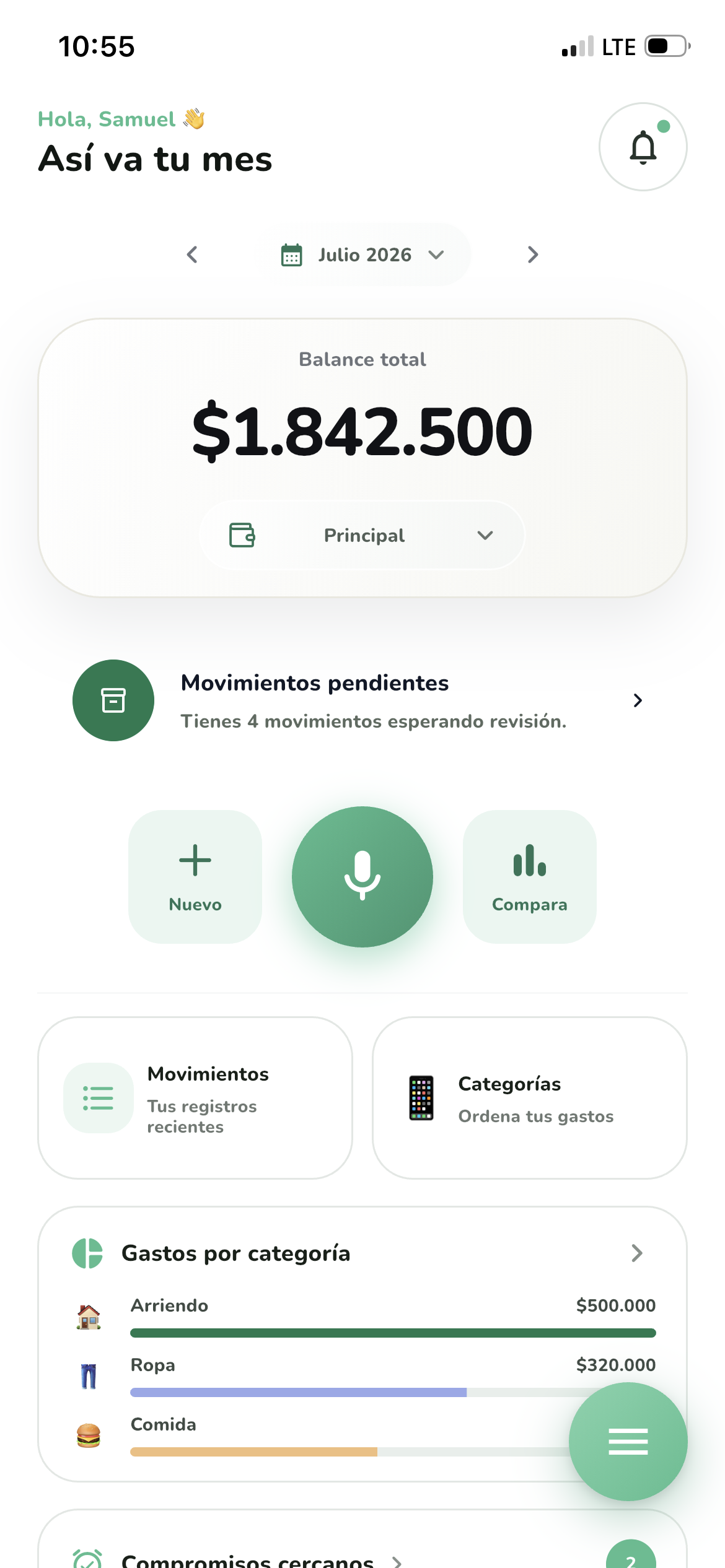 Dashboard de Finti con balance, movimientos pendientes y gastos por categoría